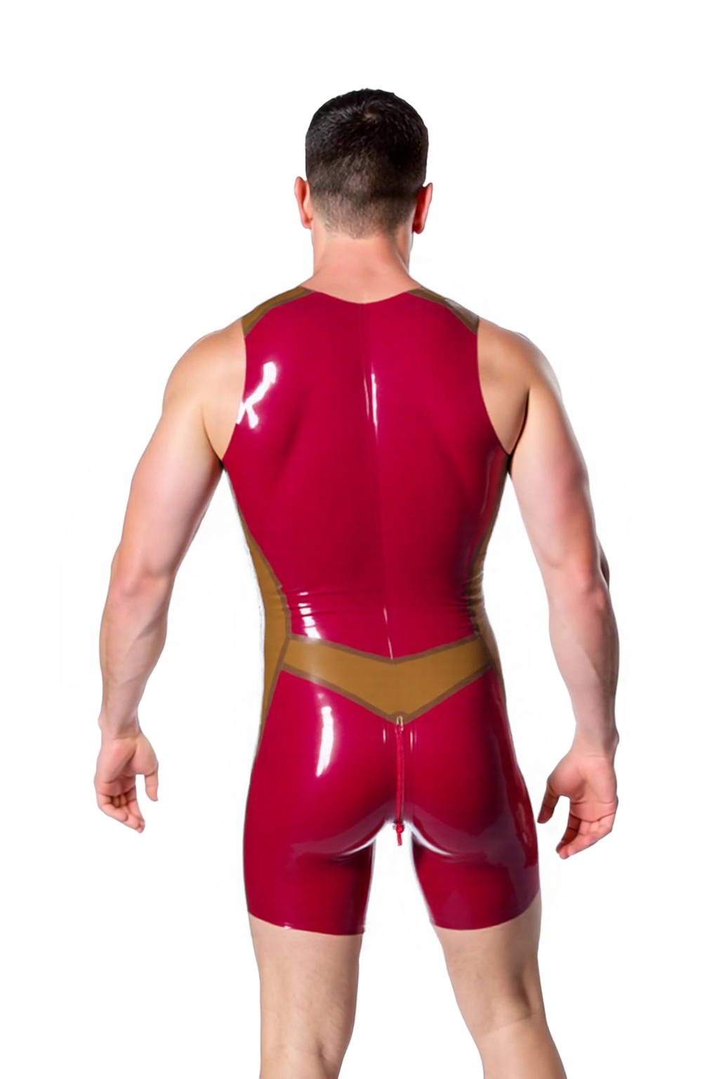Joyglove Men’s PU Leather Jumpsuit – Sleek Red and Yellow Design with Zipper and Tight Fit
