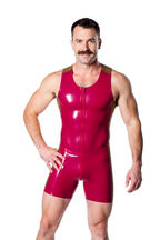 Joyglove Men’s PU Leather Jumpsuit – Sleek Red and Yellow Design with Zipper and Tight Fit