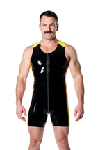 Joyglove Men’s PU Leather Jumpsuit – Sleek Red and Yellow Design with Zipper and Tight Fit