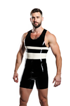 Joyglove Men’s Glossy PU Leather Bodysuit – Black Sleeveless Jumpsuit with Bold Contrast Stripes