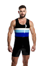 Joyglove Men’s Glossy PU Leather Bodysuit – Black Sleeveless Jumpsuit with Bold Contrast Stripes