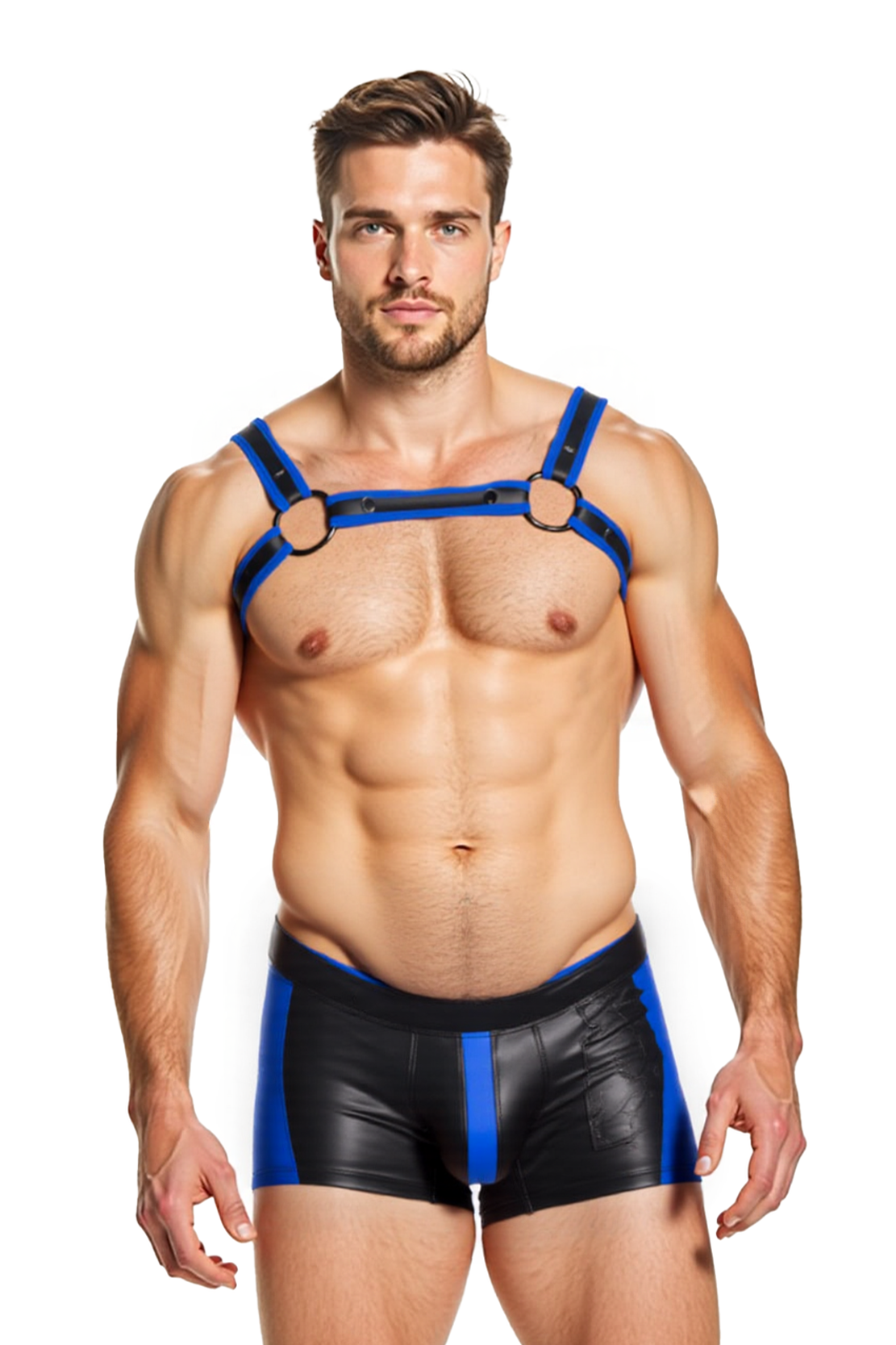 Joyglove Men’s Fetish Harness & Trunk Set – Blue and Black Strap Chest Harness with Matching PU Shorts