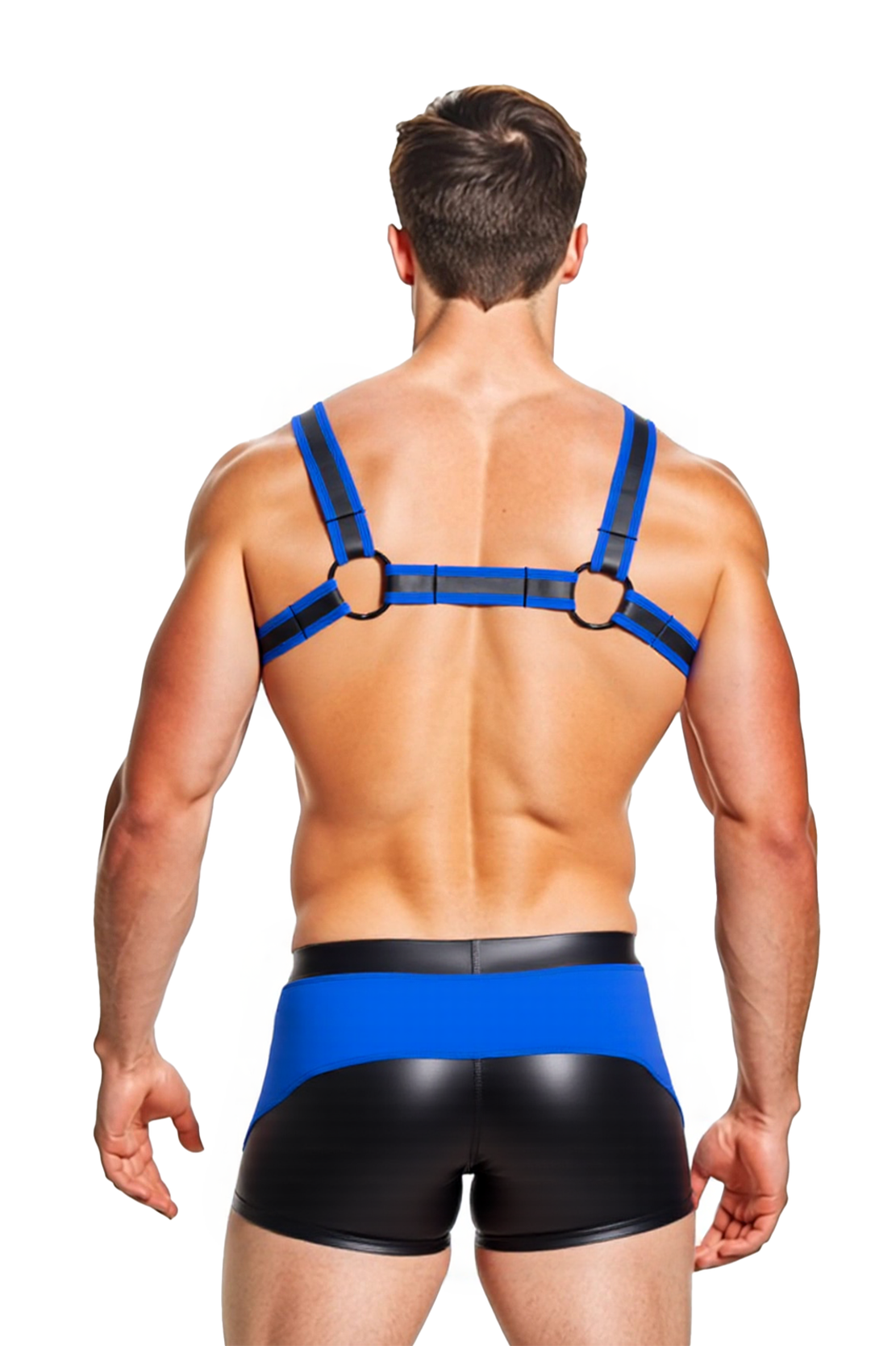 Joyglove Men’s Fetish Harness & Trunk Set – Blue and Black Strap Chest Harness with Matching PU Shorts