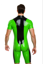 Joyglove Men’s PU Leather Short Sleeve Catsuit – Two-Tone Bodycon Suit with Front Zipper