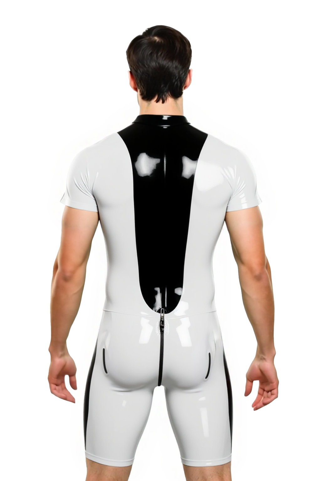 Joyglove Men’s PU Leather Short Sleeve Catsuit – Two-Tone Bodycon Suit with Front Zipper