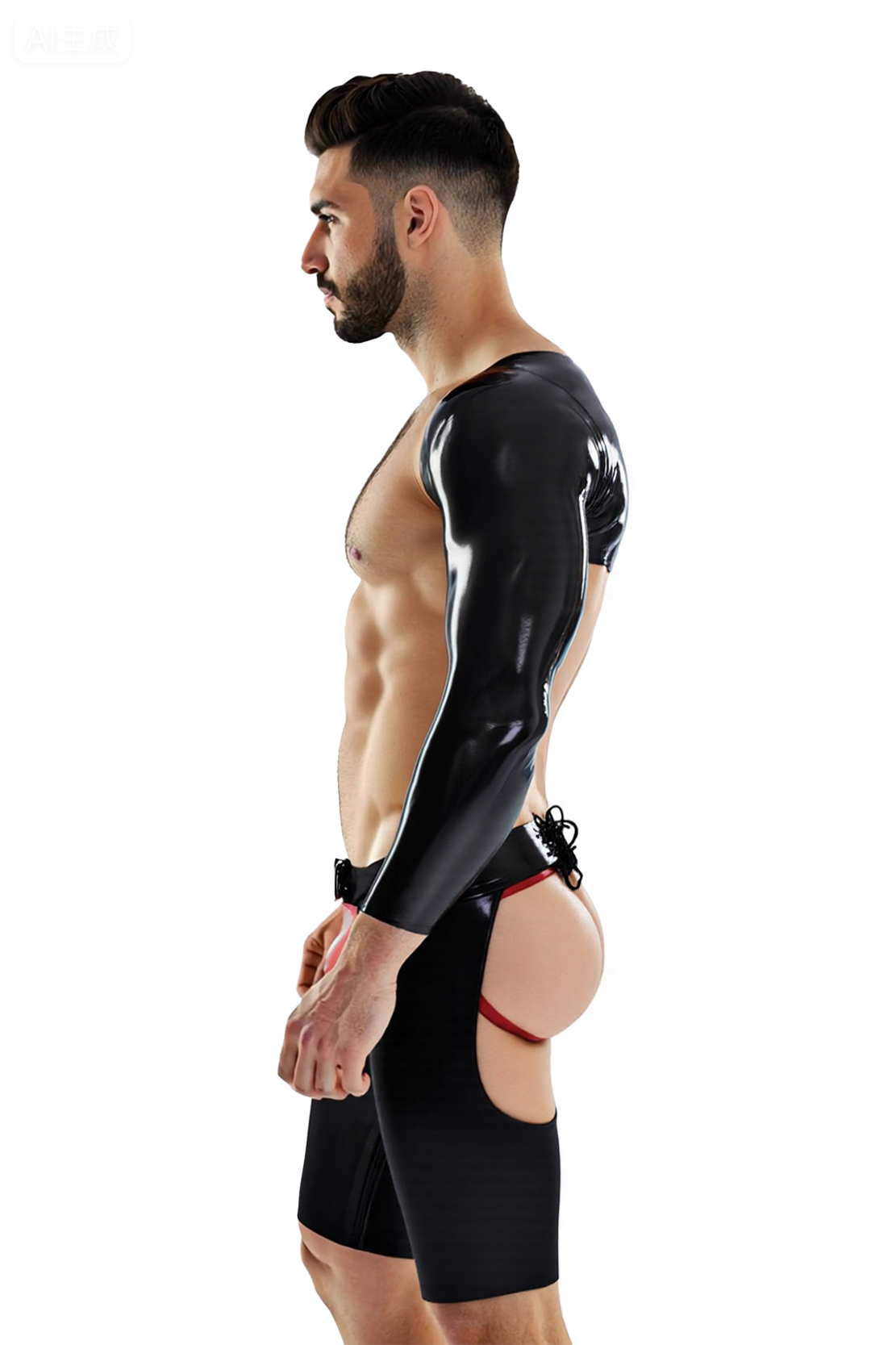 Joyglove Men’s Black PU Leather Crop Top with Open Crotch and Butt Cutout Shorts