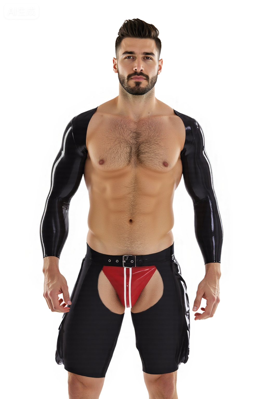 Joyglove Men’s Black PU Leather Crop Top with Open Crotch and Butt Cutout Shorts