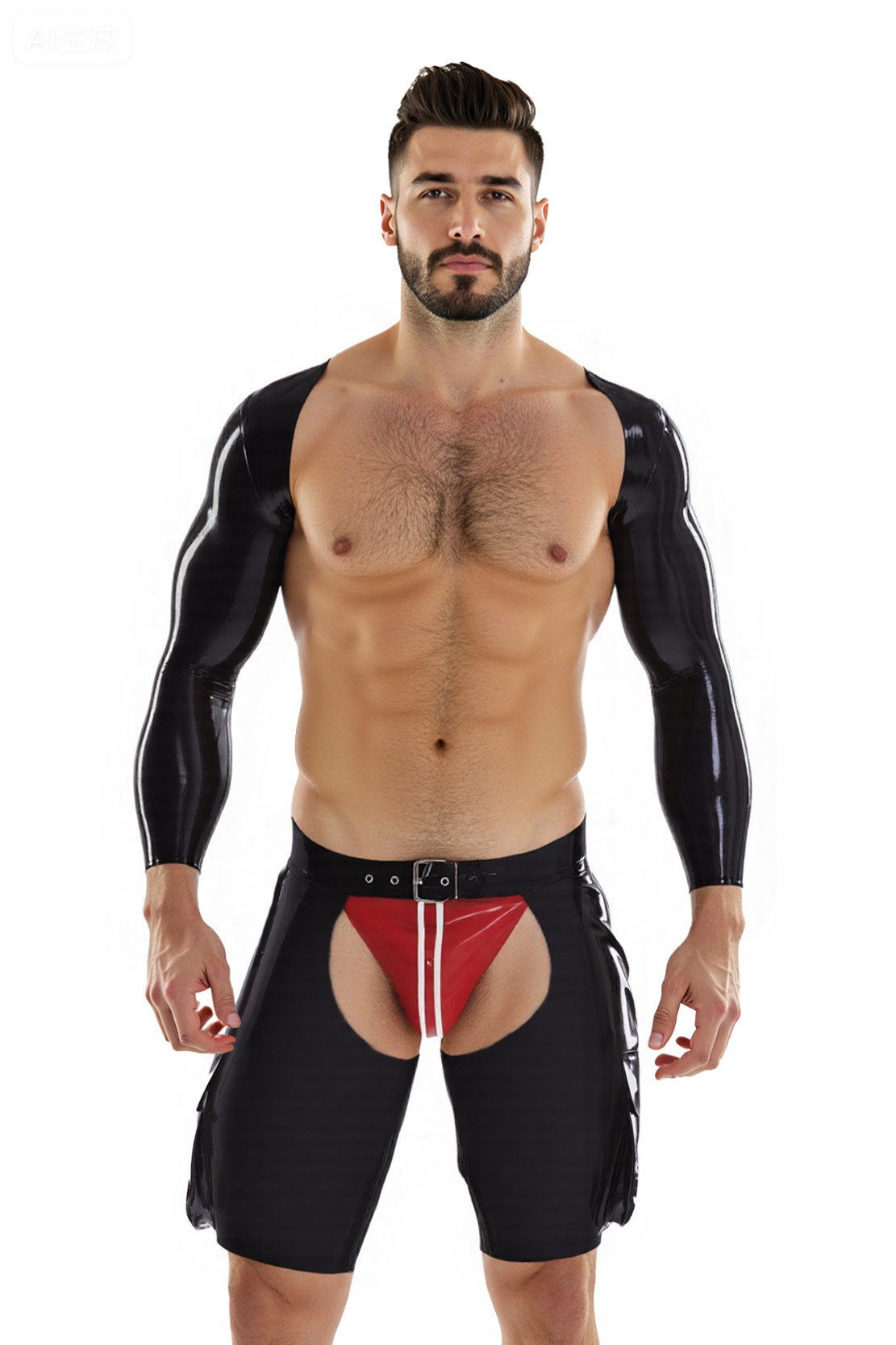 Joyglove Men’s Black PU Leather Crop Top with Open Crotch and Butt Cutout Shorts