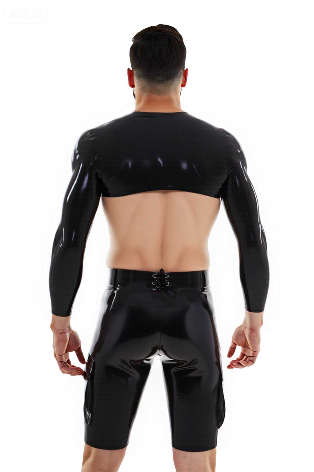 Joyglove Men’s Black PU Leather Crop Top with Open Crotch and Butt Cutout Shorts