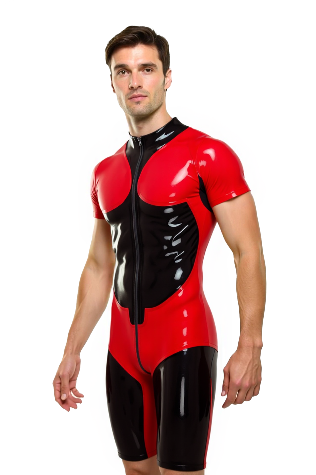 Joyglove Men’s PU Leather Short Sleeve Catsuit – Two-Tone Bodycon Suit with Front Zipper