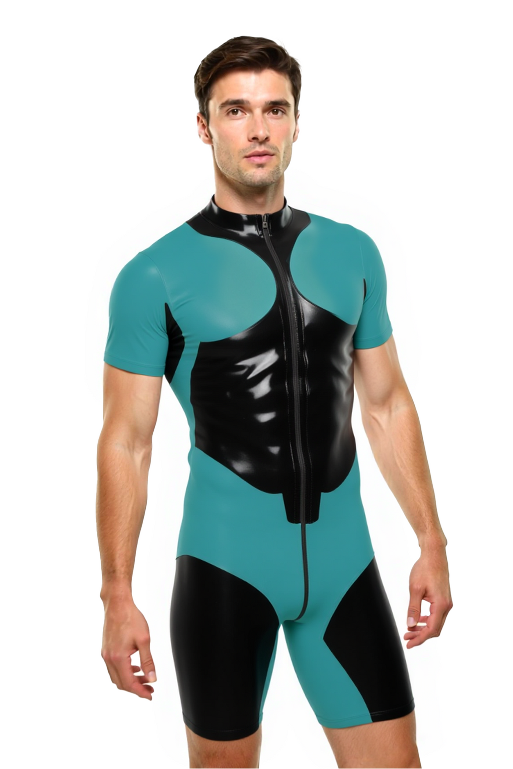 Joyglove Men’s PU Leather Short Sleeve Catsuit – Two-Tone Bodycon Suit with Front Zipper
