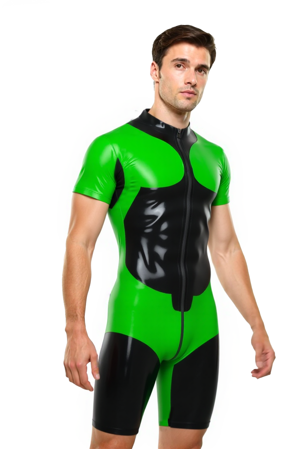 Joyglove Men’s PU Leather Short Sleeve Catsuit – Two-Tone Bodycon Suit with Front Zipper