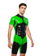 Joyglove Men’s PU Leather Short Sleeve Catsuit – Two-Tone Bodycon Suit with Front Zipper