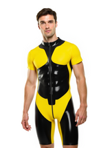 Joyglove Men’s PU Leather Short Sleeve Catsuit – Two-Tone Bodycon Suit with Front Zipper