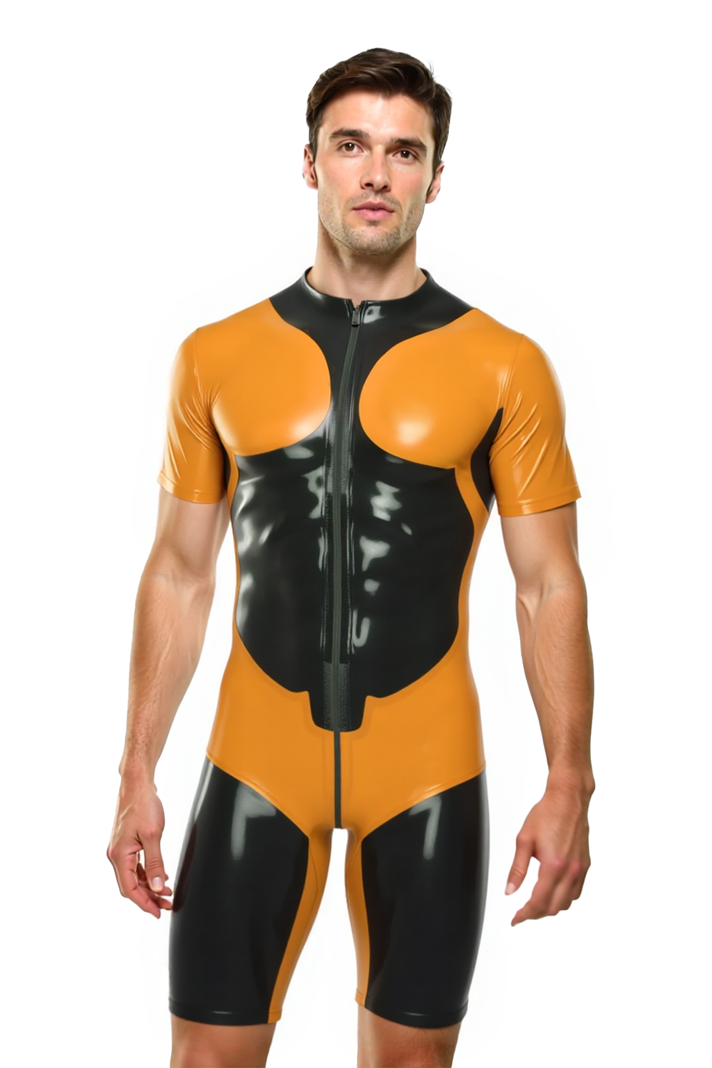 Joyglove Men’s PU Leather Short Sleeve Catsuit – Two-Tone Bodycon Suit with Front Zipper