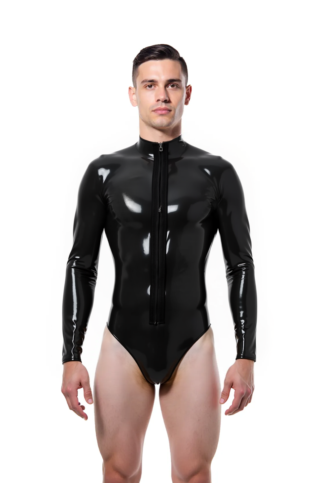 Joyglove Men's Glossy PU Leather Bodysuit – Long Sleeve High-Neck Design with Front Zip