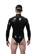 Joyglove Men's Glossy PU Leather Bodysuit – Long Sleeve High-Neck Design with Front Zip
