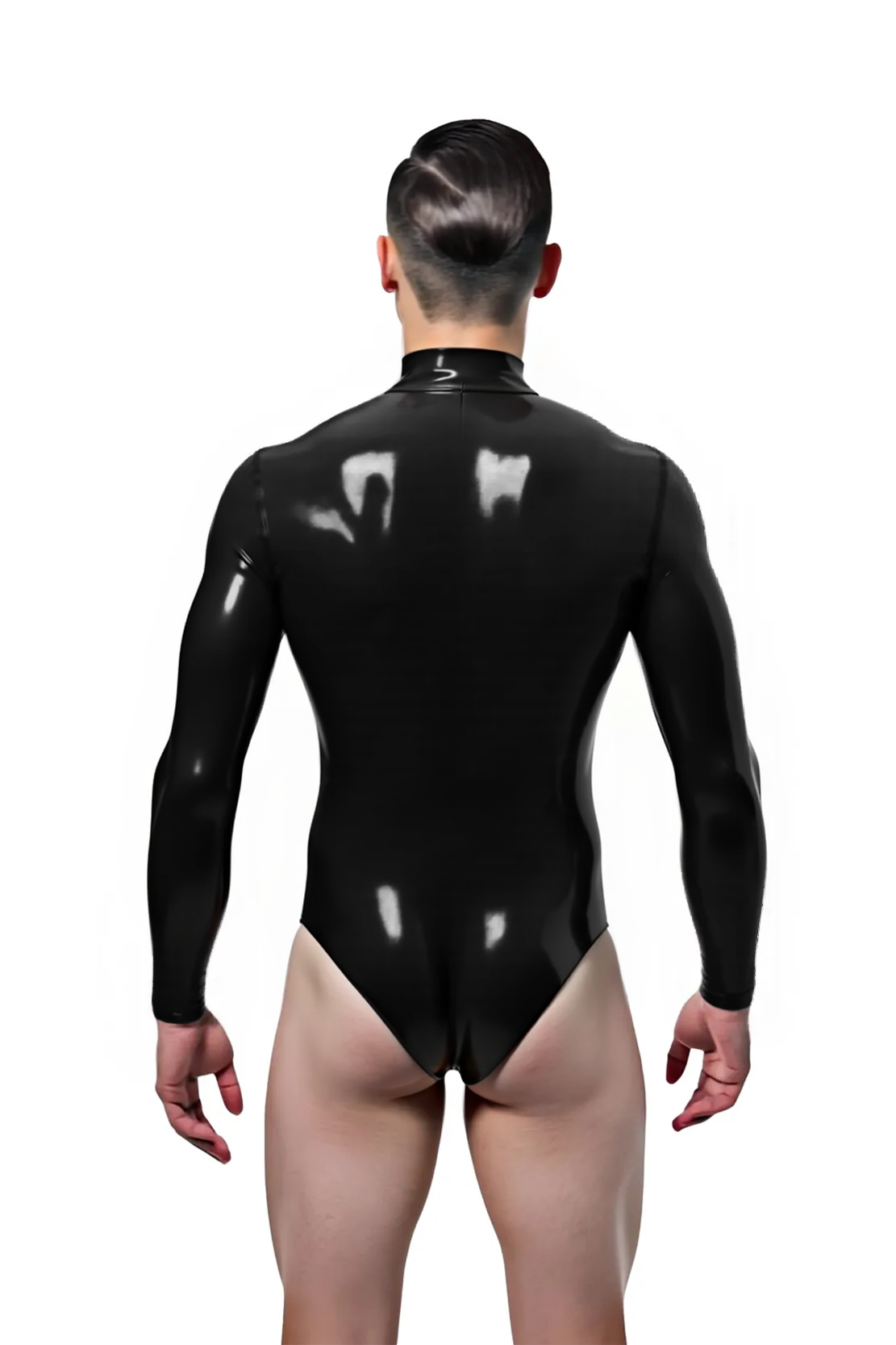 Joyglove Men's Glossy PU Leather Bodysuit – Long Sleeve High-Neck Design with Front Zip