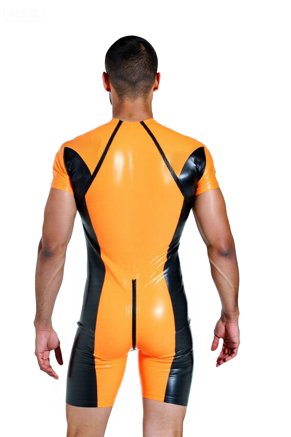 Joyglove Men’s PU Leather Bodysuit – Orange-yellow & Black Contrast Short Sleeve Rompe