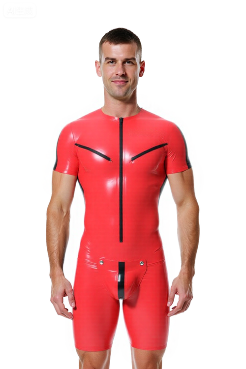 Joylgbt's Men’s Red Latex-Look Bodysuit with Zippered Chest and Pouch Accents	