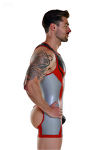 Joyglove Men’s Open Back PU Leather Singlet – Black & Grey with Red Trim Design