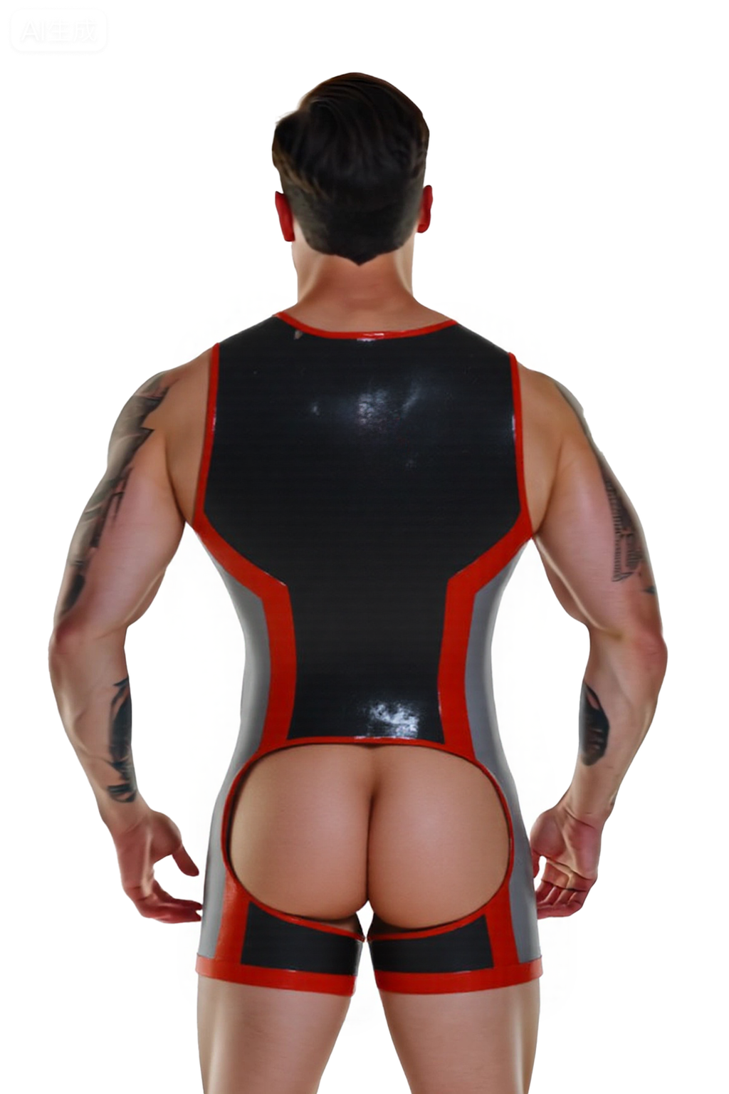 [Copy]Joylgbt's Men’s Open Back PU Leather Singlet – Black & Grey with Red Trim Design	