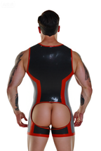 Joyglove Men’s Open Back PU Leather Singlet – Black & Grey with Red Trim Design