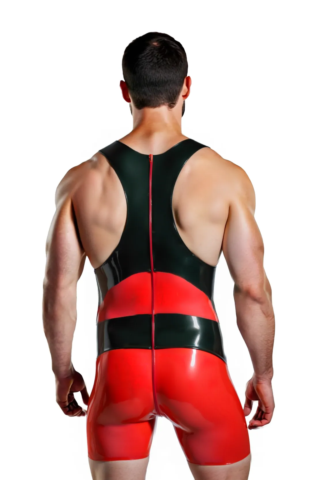 Joylgbt Men's Red & Black High-Gloss Leather Sleeveless Bodysuit	