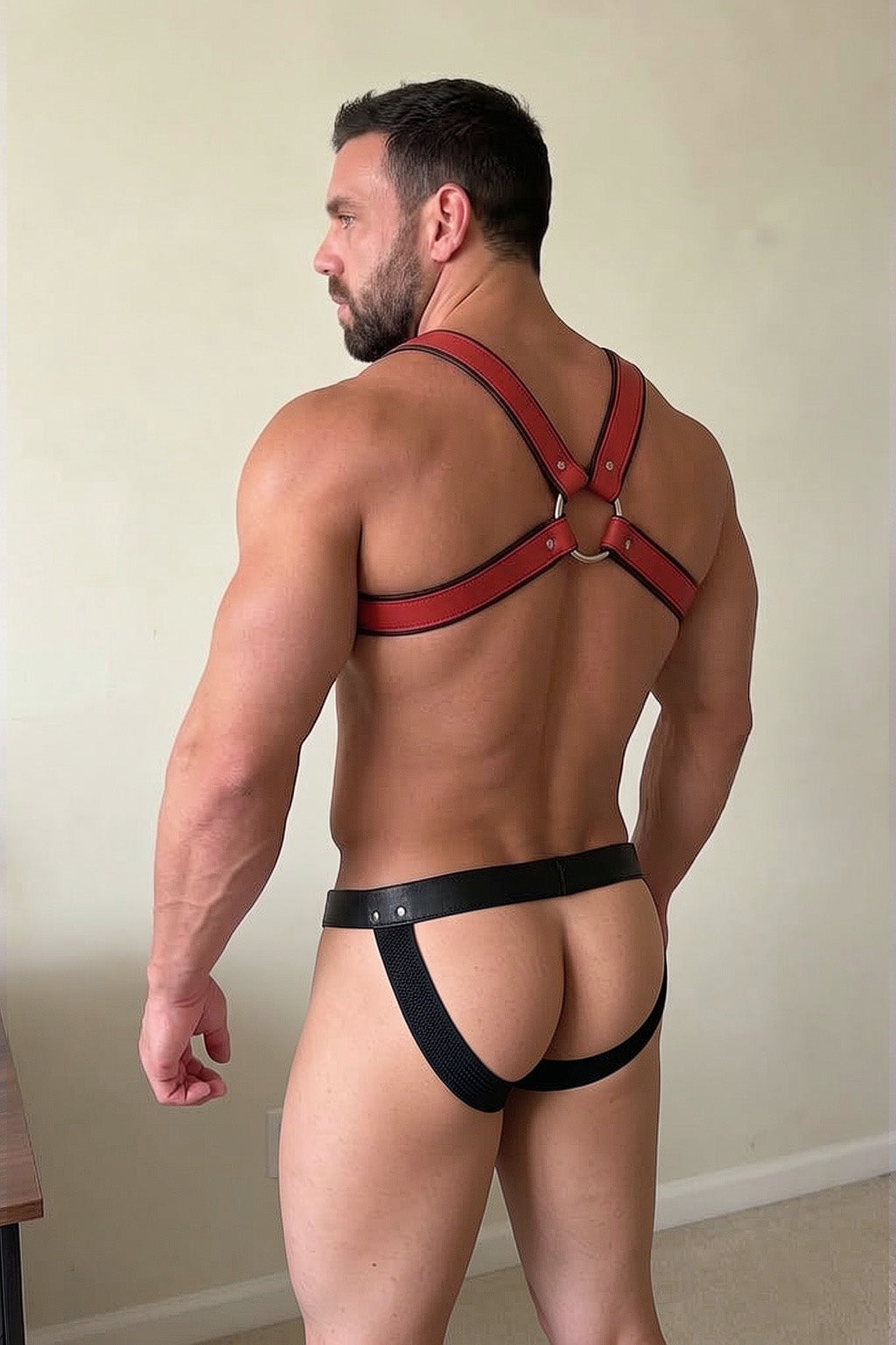 Joy-lgbt Men’s Red Faux Leather Chest Harness & Black Brief Set