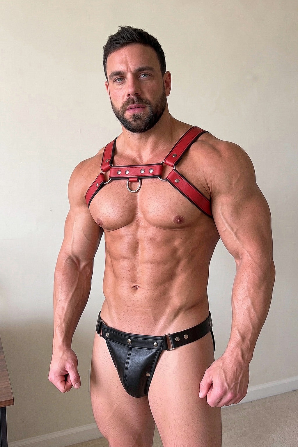 Joy-lgbt Men’s Red Faux Leather Chest Harness & Black Brief Set
