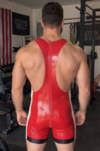 Joy-lgbt Men's Red PU Leather Harness Style Sleeveless Bodysuit with Zipper Design