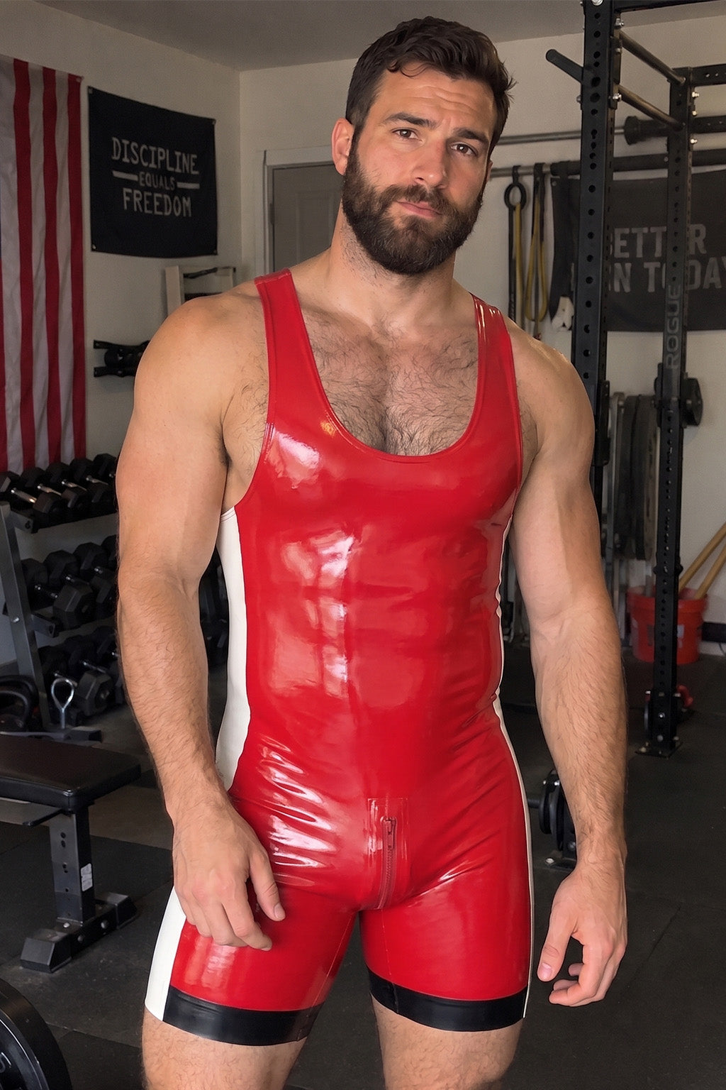 Joy-lgbt Men's Red PU Leather Harness Style Sleeveless Bodysuit with Zipper Design