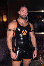 Joy-lgbt Men’s Black Orange Glossy Paw Print Bodysuit Shorts
