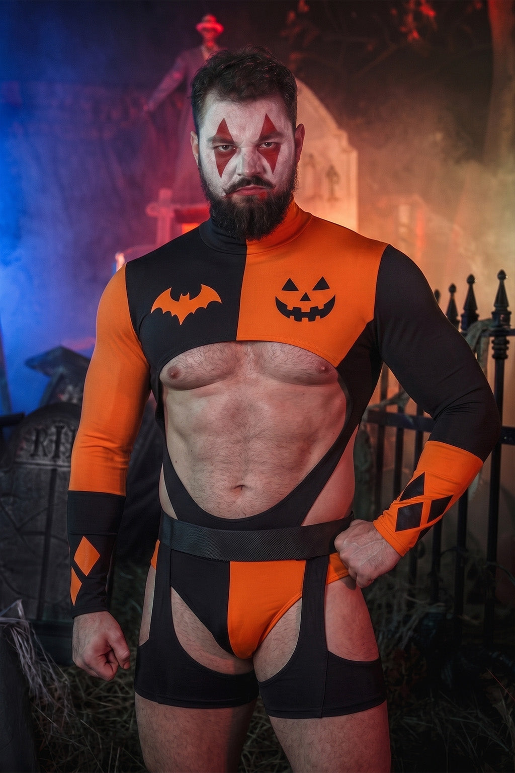 Joy-lgbt Men’s Orange Black Halloween Cutout Long-Sleeve Set