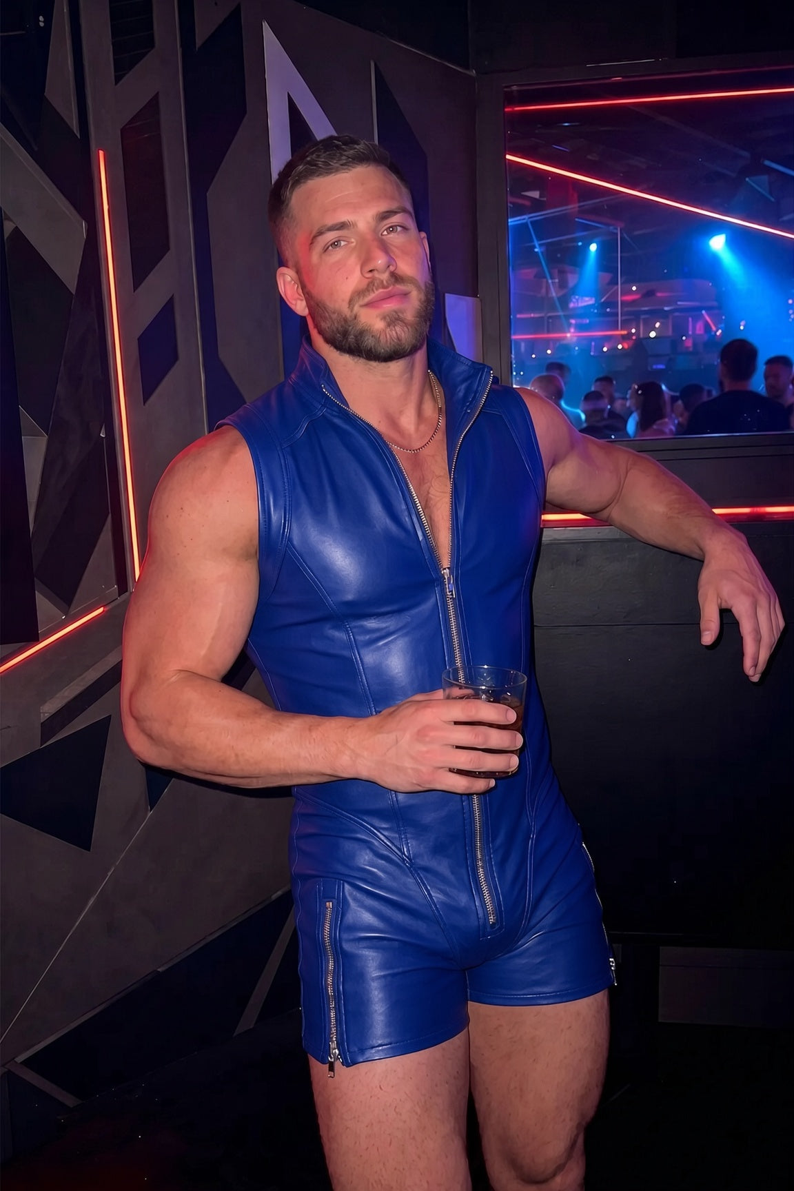 Joyglove Matte PU Leather Zip-Up Romper – Sleeveless High Neck, Smooth Blue