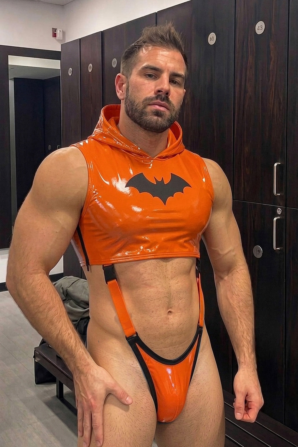 Joy-lgbt Orange Glossy Bat Print Cropped Hoodie Suspender Set