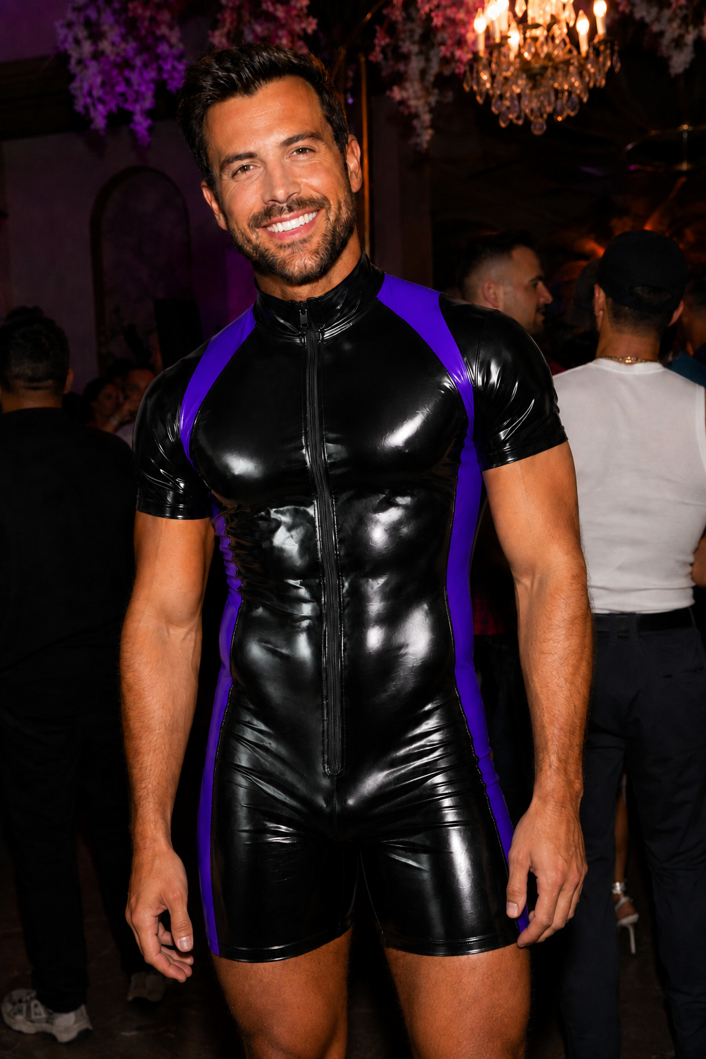 Joy-lgbt Men’s Black Neon Green Glossy Short-Sleeve Bodysuit Shorts