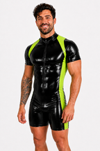 Joy-lgbt Men’s Black Neon Green Glossy Short-Sleeve Bodysuit Shorts