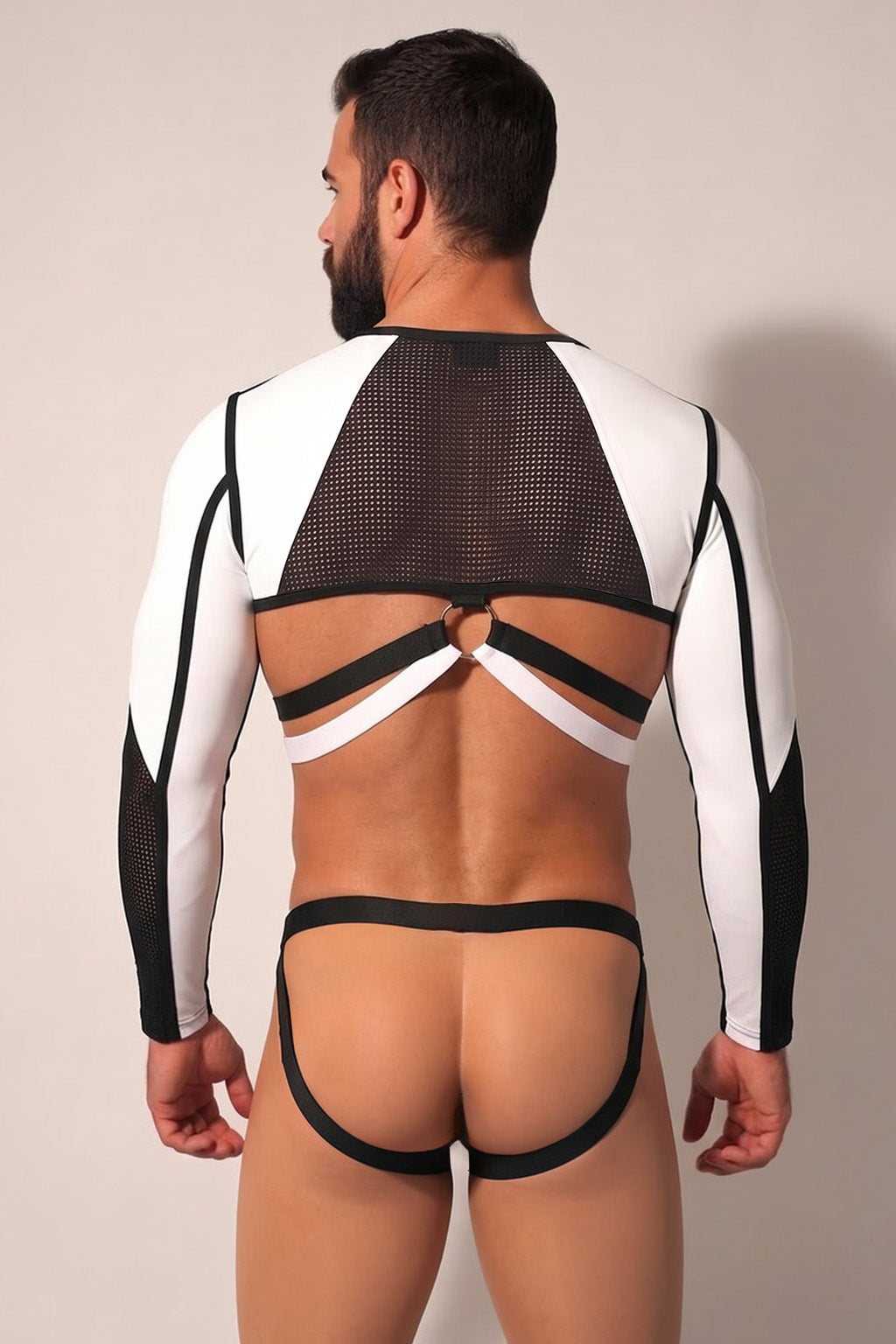 Joy-lgbt Men’s Black White Mesh Long-Sleeve Cutout Set