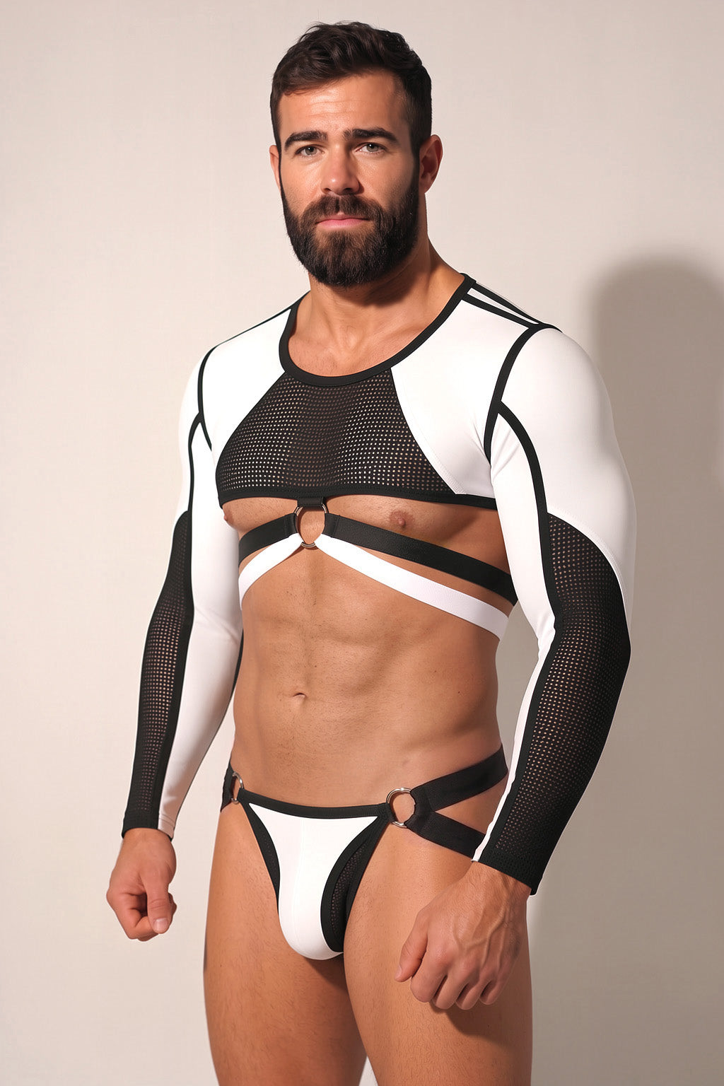 Joy-lgbt Men’s Black White Mesh Long-Sleeve Cutout Set