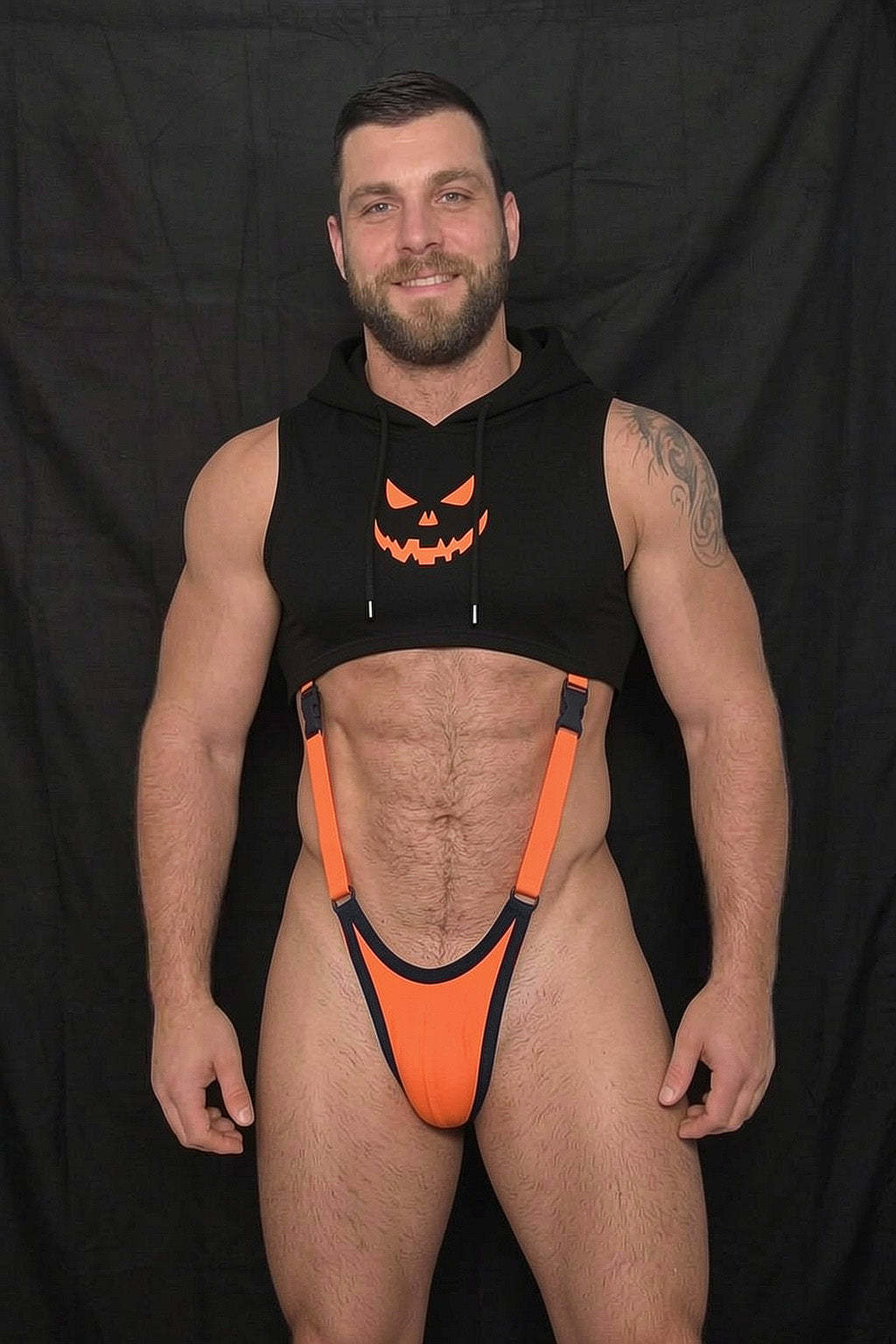 Joy-lgbt Black & Orange Halloween Cropped Hooded Suspender Set — Pumpkin Graphic Party Wear