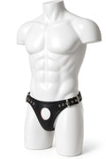 Joy-lgbt Black Leather-Look Double-Buckle Cutout Brief — Metal Eyelet Waistband
