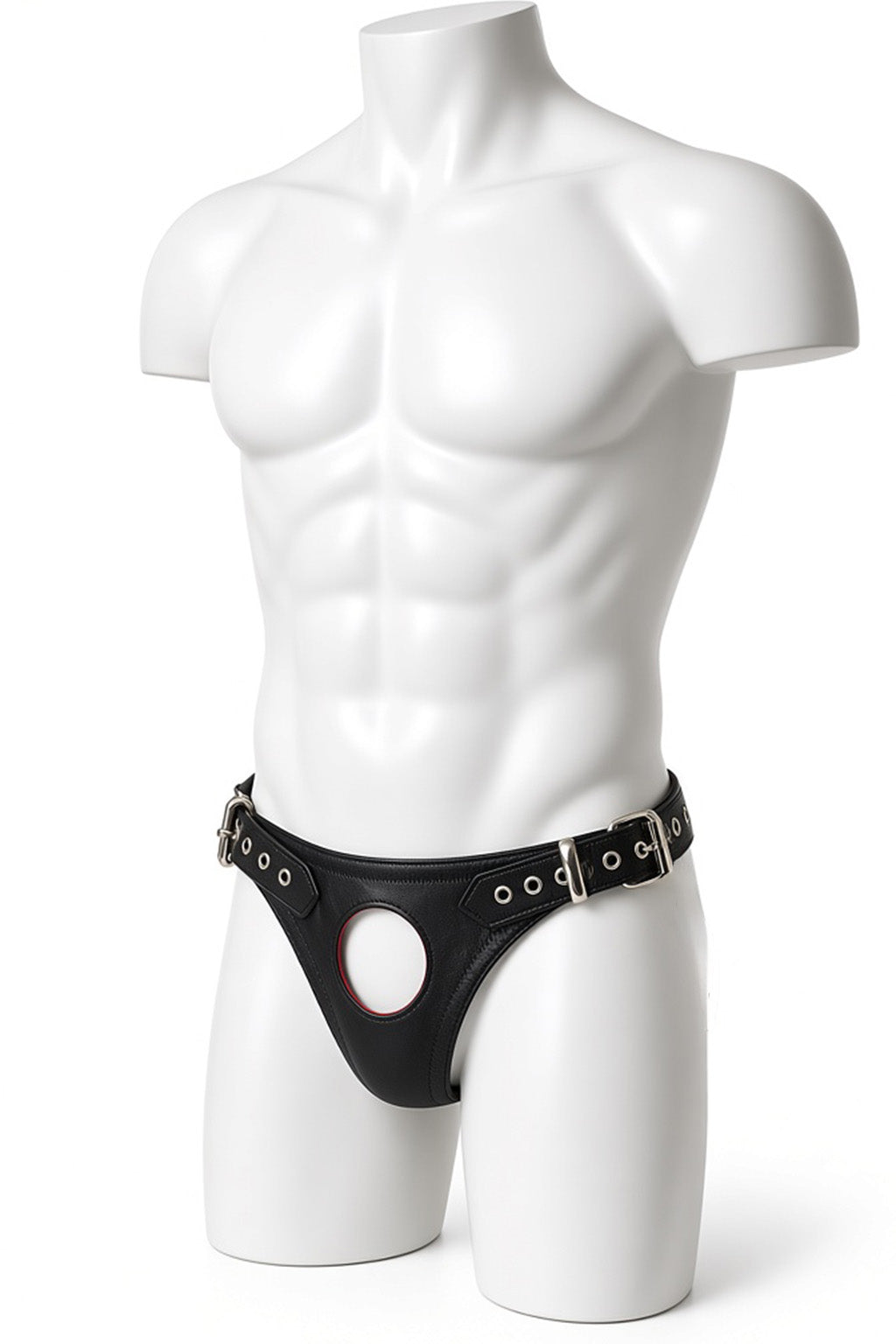 Joy-lgbt Black Leather-Look Double-Buckle Cutout Brief — Metal Eyelet Waistband