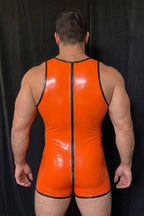 Joy-lgbt Orange Glossy Pumpkin Romper — Front-Zip Halloween Party Wear