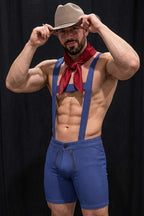 Joyglove Blue Stretch Fabric Harness Shorts Set — X-Back Suspender Structure + Contrast Styling for Club & Costume Wear