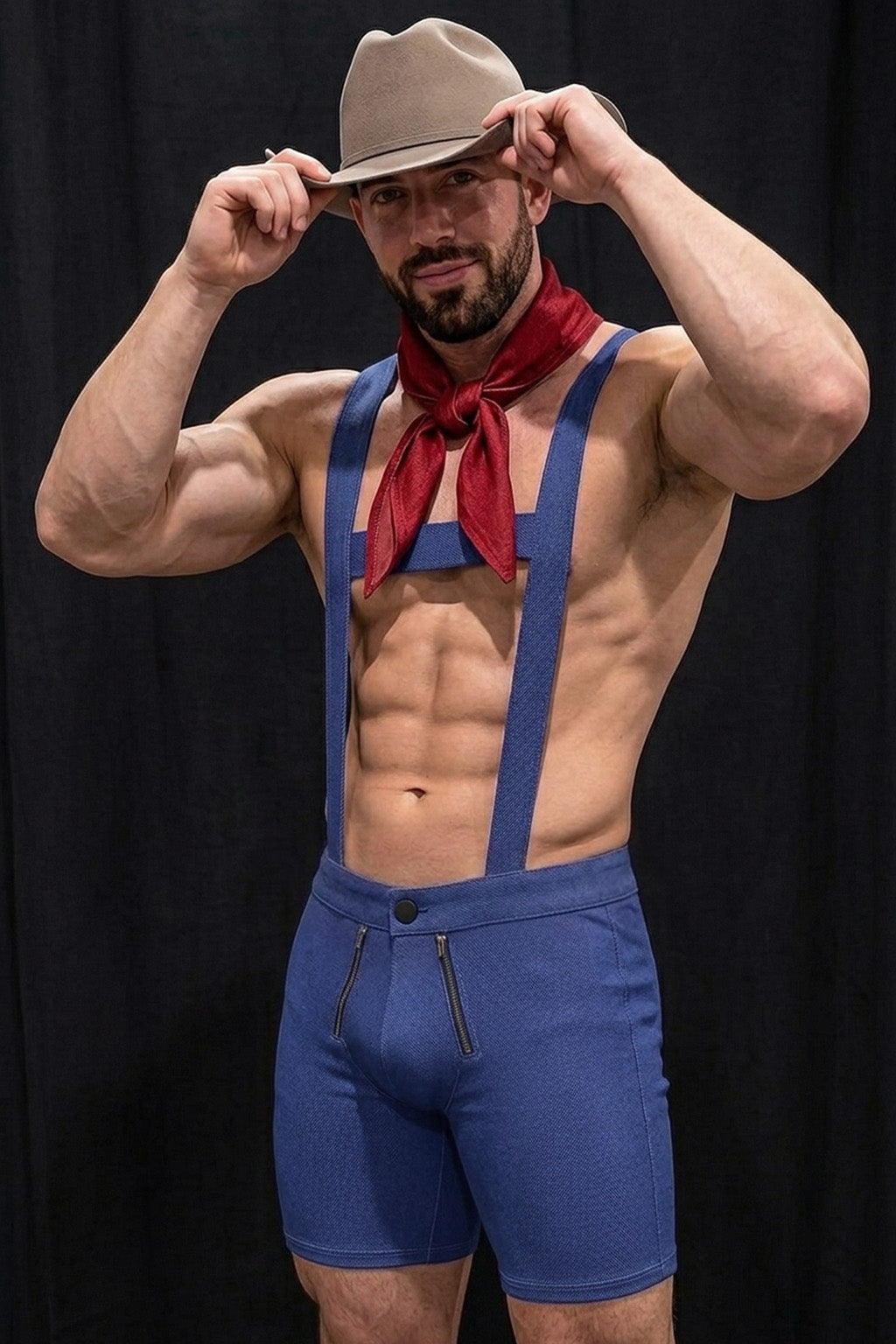 Joyglove Blue Stretch Fabric Harness Shorts Set — X-Back Suspender Structure + Contrast Styling for Club & Costume Wear