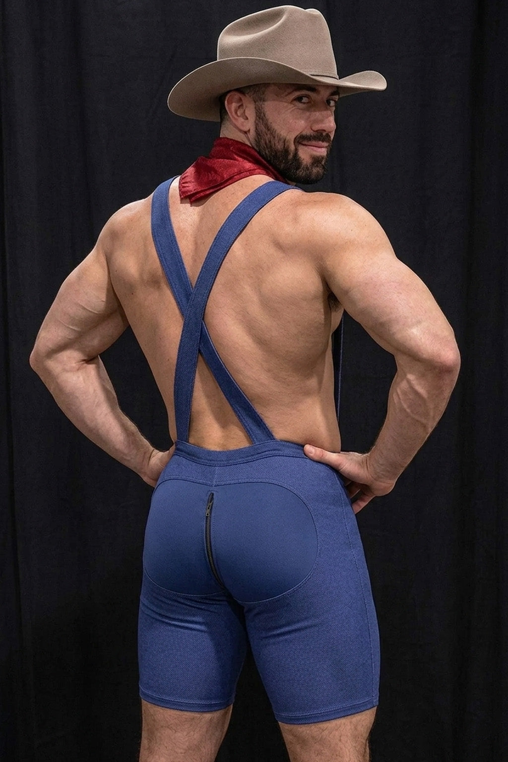 Joyglove Blue Stretch Fabric Harness Shorts Set — X-Back Suspender Structure + Contrast Styling for Club & Costume Wear