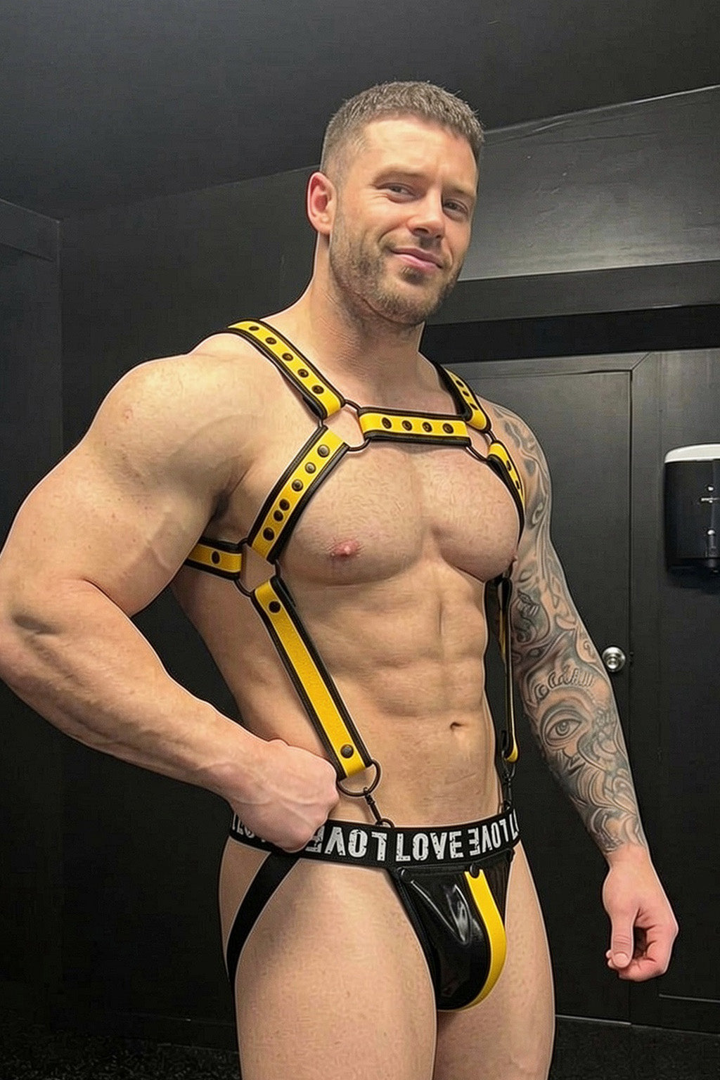 Joyglove Yellow & Black PU Leather Harness Set — Studded Chest Strap Structure + Jockstrap Design for Club & Fetish Wear