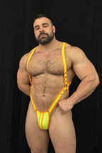 Joyglove Yellow Elastic Webbing Harness Jockstrap Set — X-Back Chest Structure + Studded Strap Detail for Club & Fetish Wear