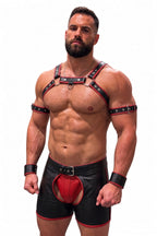 Joy-lgbt Men’s Black Red Faux Leather Harness Shorts Set